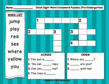 Pre-Primer (Pre-Kindergarten) Dolch Sight Words Crossword Puzzle