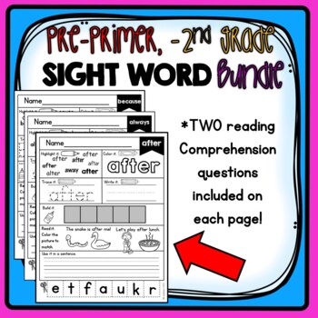 Preview of Pre-Primer, Primer, First Grade, and Second Grade Sight Word Worksheet Bundle