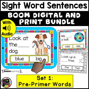 Preview of Pre Primer Sight Word Sentences | Digital Boom Cards and PRINT Task Card BUNDLE