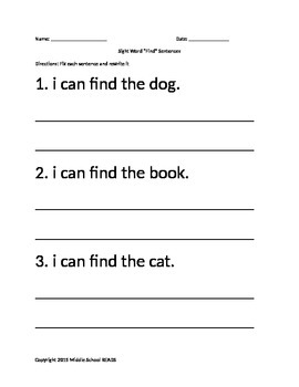 Preview of Pre-Primer Sight Word "find" correct the sentence