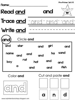 Pre-Primer Word Activities, Set 1 of 8 by My Broken Bootstraps | TpT