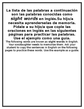 Preview of Pre Primer and Primer Sight Word Sentence Practice Spanish English Immersion