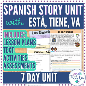 Preview of Pre Super 7 Spanish Story Reading Comprehension Unit| Aniversario