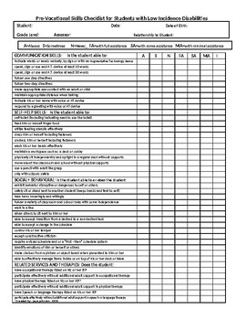 Pre-Vocational Skills Checklist for Students with Low Incidence