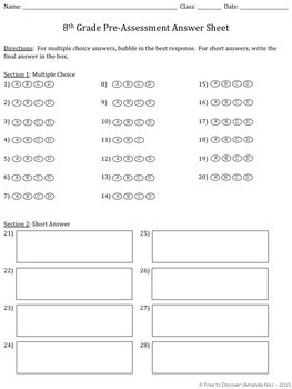 8th Grade Math Pre-Assessment and Post-Assessment by Free to Discover