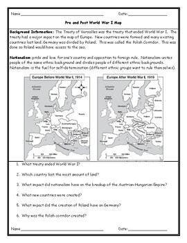 Preview of Pre and Post World War I Map Worksheet with Answer Key