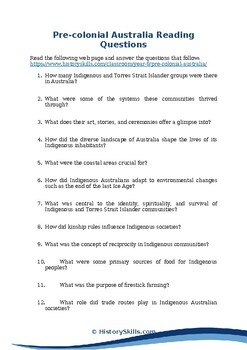 Preview of Pre-colonial Australia Reading Questions Worksheet