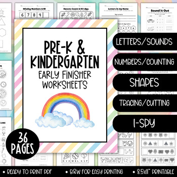 Preview of Pre-k Kindergarten Early Finisher Worksheets Workbook, ABC Phonics Numbers