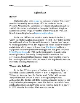 Preview of Pre-reading The Breadwinner Afghanistan Taliban Info