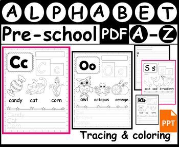 Preview of Pre-school - Alphabet Trace & Find A-Z - Coloring - Writing - Tracing  PPT & PDF