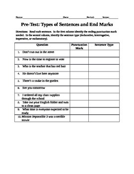 Preview of Pre-test, Study Guide and Post-test for End Marks and Four Types of Sentences