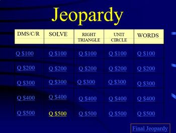 Preview of PreCalculus Jeopardy Unit 1 Review Game