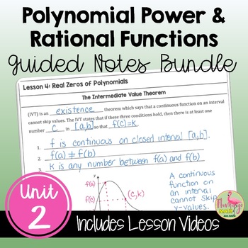 Preview of Polynomial Power Rational Functions Guided Notes with Lesson Videos (Unit 2)