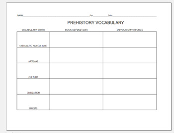 Preview of PreHistory vocabulary worksheet