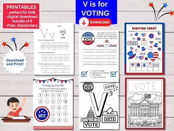 Preview of PreK, Early Elementary V is for Vote, Counting/Tracing Worksheets, Election