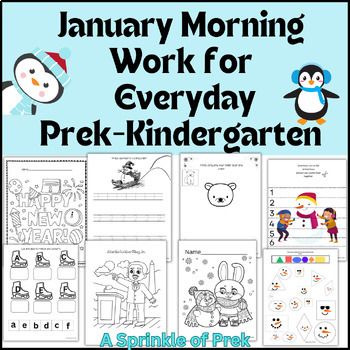 Preview of PreK-K Daily January Morning Work, Math, Tracing, Shapes, Literacy, Coloring