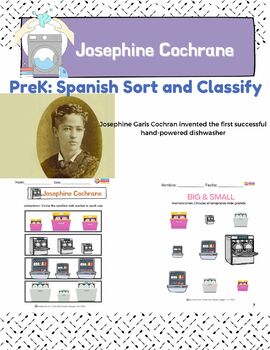 Preview of PreK Spanish Big & Small Sorting Activity Women Inventors Josephine Cochran Math