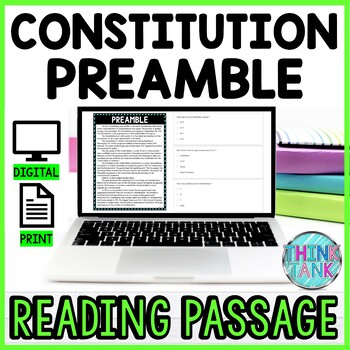 Preview of Preamble DIGITAL Reading Passage and Questions - Self Grading - US Constitution