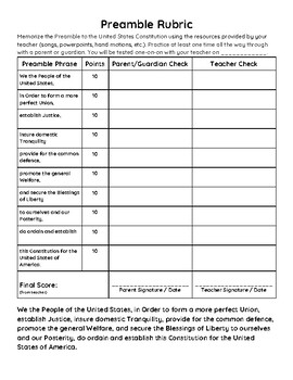 Preview of Preamble to the Constitution Grading Rubric and Check-Off Sheet