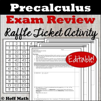 Preview of Precalculus Exam Review RAFFLE TICKET ACTIVITY | EDITABLE