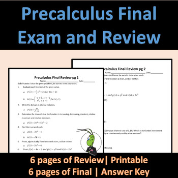 Preview of Precalculus Final Exam and Review | Functions | Exp. Logs | Trig Functions
