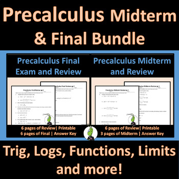 Preview of Precalculus Midterm and Final Exam Bundle with Reviews