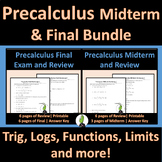 Precalculus Midterm and Final Exam Bundle with Reviews
