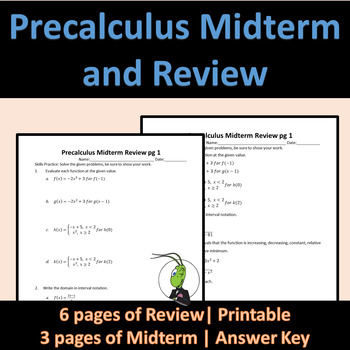 Preview of Precalculus Midterm Exam and Review | Functions | Exp. Logs | Trig Functions
