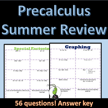 Preview of Precalculus Summer Review Packet Editable - Back to School Review