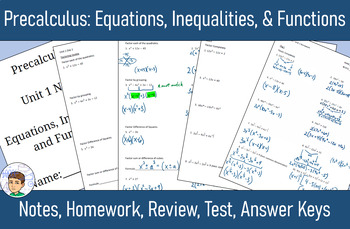 Preview of Precalculus Unit 1 - Equations, Inequalities: Notes, HW, Review, Test, Answers