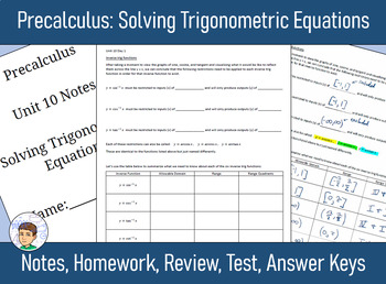 Preview of Precalculus Unit 10 - Solving Trig Equations - Notes, Homework, Review, Answers