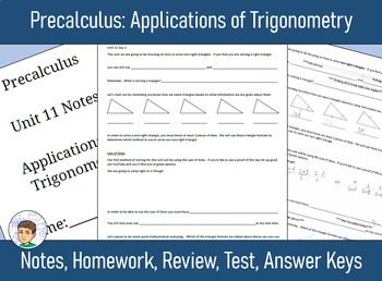 Preview of Precalculus Unit 11 - Applications of Trig - Notes, HW, Review, Test, Answers