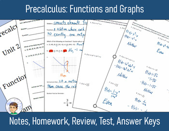 Preview of Precalculus Unit 2 - Functions and Graphs: Notes, HW, Review, Test, Answers
