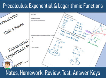 Preview of Precalculus Unit 4 - Exponential, Log Functions: Notes, HW, Review, Test, Answer