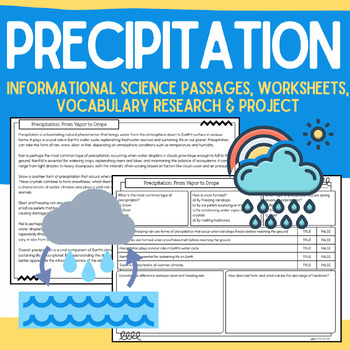 Preview of Precipitation Packet:  Informational Passages, Worksheets, Vocabulary,  Research