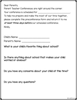 Preview of Preconference Form for Parent Teacher Conferences FREE PRINTABLE