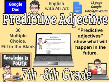Preview of Predictive Adjective - English - 30 Multiple Choice, Answers - 7th-8th grades