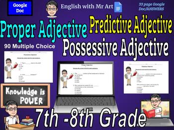 Preview of Predictive, Proper and Possessive Adjective - English - 90 Multiple Choice, Answ