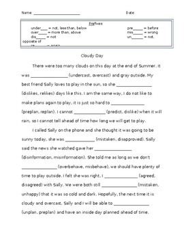 Preview of Prefix Reading Passage - Cloze Reading