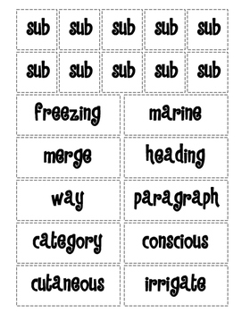 Prefix "SUB" matching and recording sheet, worksheets and quiz by