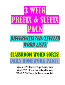 Preview of Prefix & Suffix Pack--Leveled Lists, Classroom Activities & Homework Pages