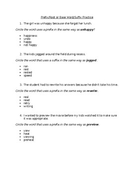 Preview of Prefix/Suffix Root Word Practice