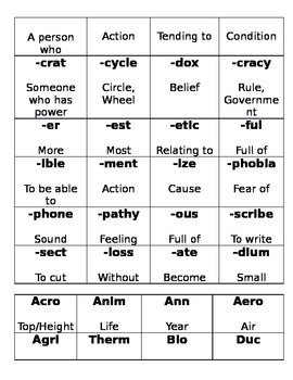 root suffix prefix words cards word grade subject