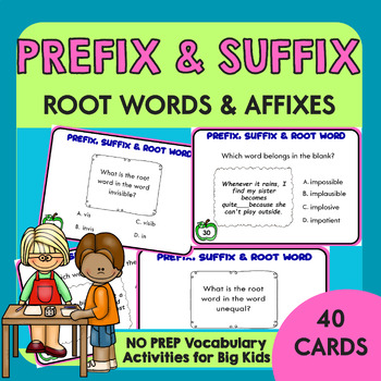 Preview of Prefix Suffix & Root Words Task Cards | Grammar Review & Practice for Big Kids