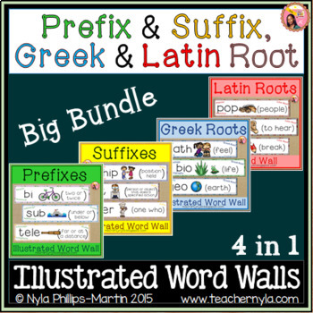Preview of Prefix Suffix and Greek and Latin Roots Word Wall Bundle - 4 in 1