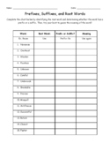 Prefix, Suffix, and Root Word Worksheet
