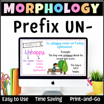 Preview of Prefix UN- | Morphology| PowerPoint | Worksheets | Task Cards | Assessment