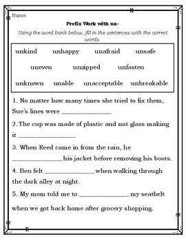 Prefix Worksheets to Practice Un- Re- Dis- Pre- In- by Katie Allen