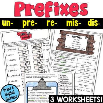 Preview of Prefix Worksheets (un, re, pre, mis, dis): Print and Digital
