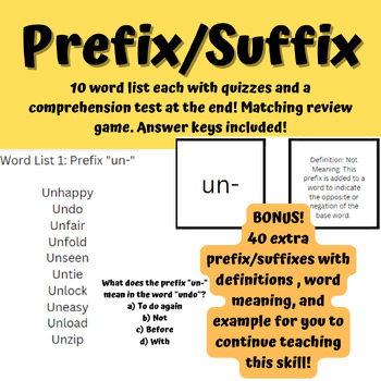 Preview of Prefix and Suffix- 10 word list, quizzes, comprehensive assessment, game, & more